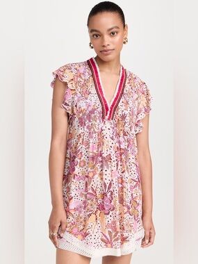 Poupette St Barth Sasha Mini Dress Size Small 
 Floral V-Neck Ruffled Mini Dress